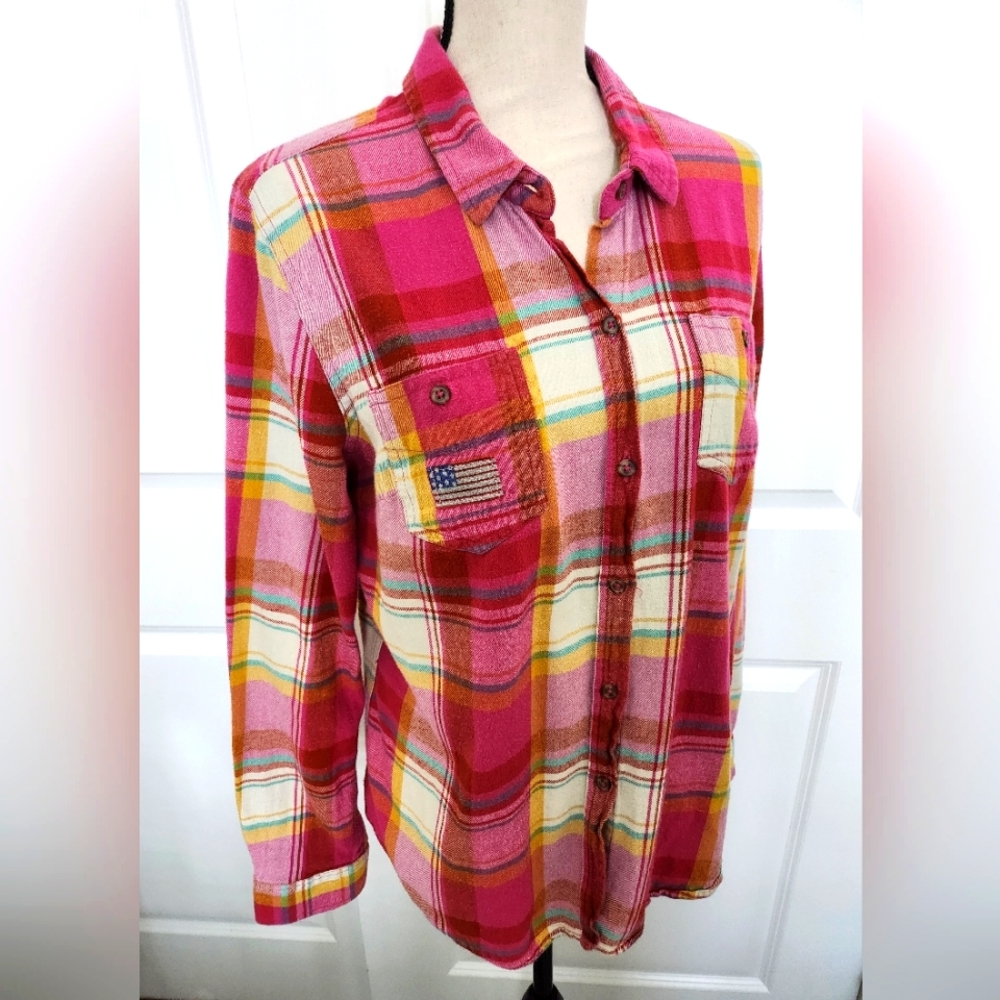 Re-styled flannel pink plaid long sleeve blouse size XL